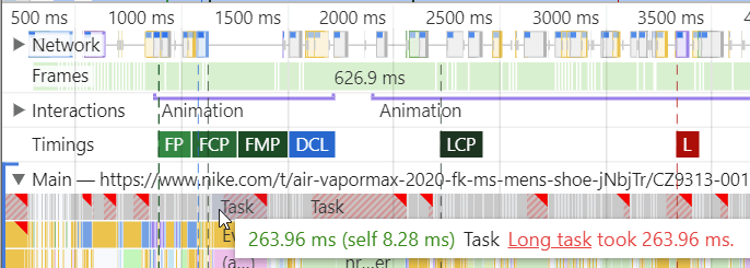 Flame charts, lifecycle events and long running tasks in the performance profile.